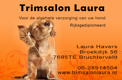 Visitekaartje van Trimsalon Laura met hondje met oortjes in